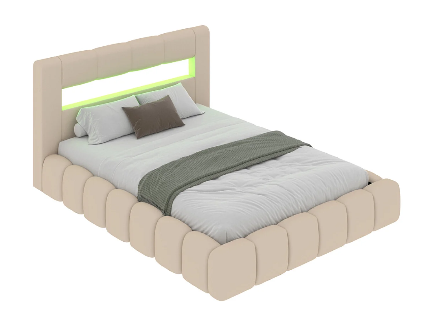 Lit coffre led style nuage 180x200cm en velours beige avec tête de lit et sommier OMAHA