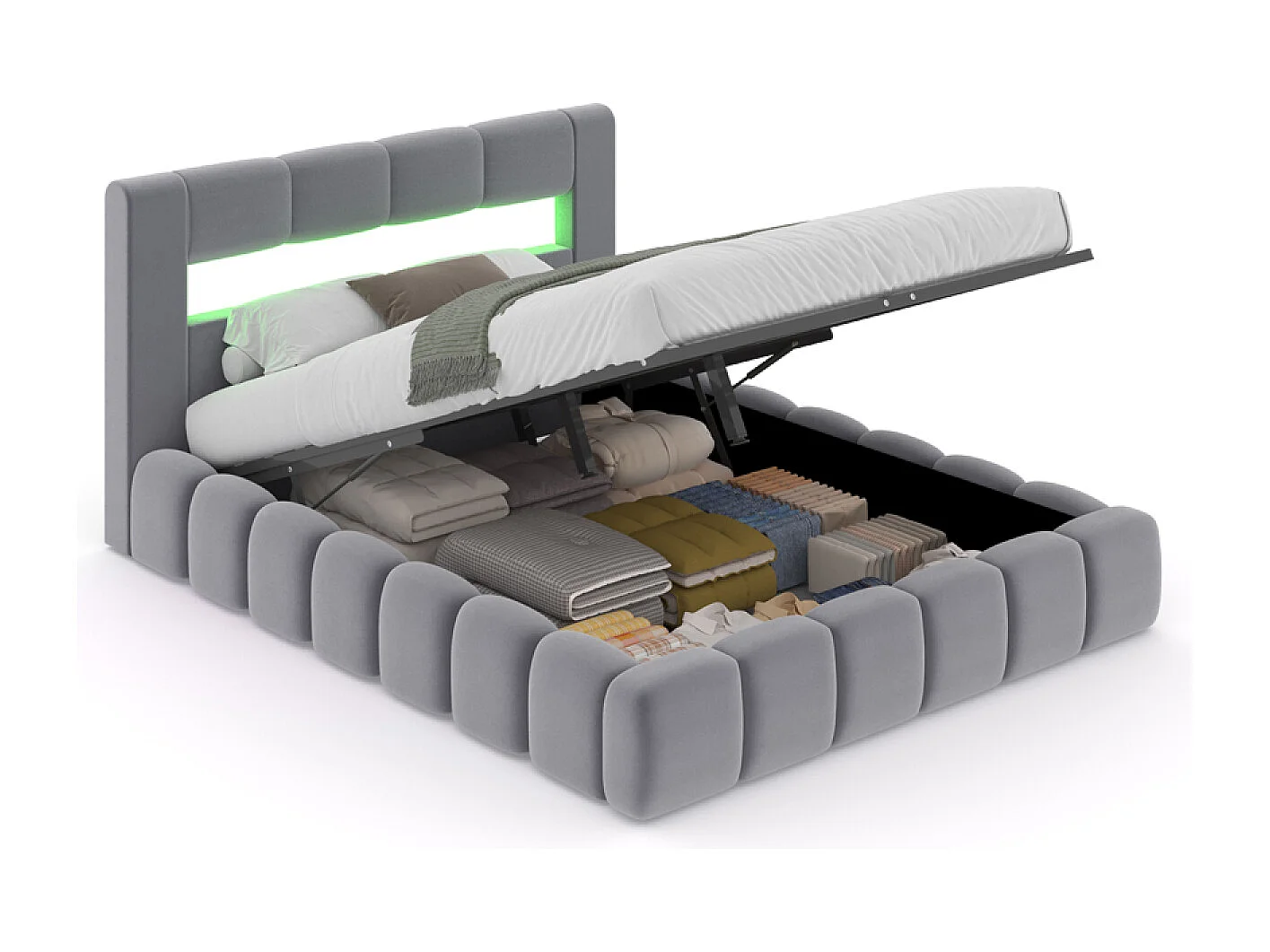 Lit nuage LED avec coffre 180x200cm en velours gris avec tête de lit et sommier OMAHA