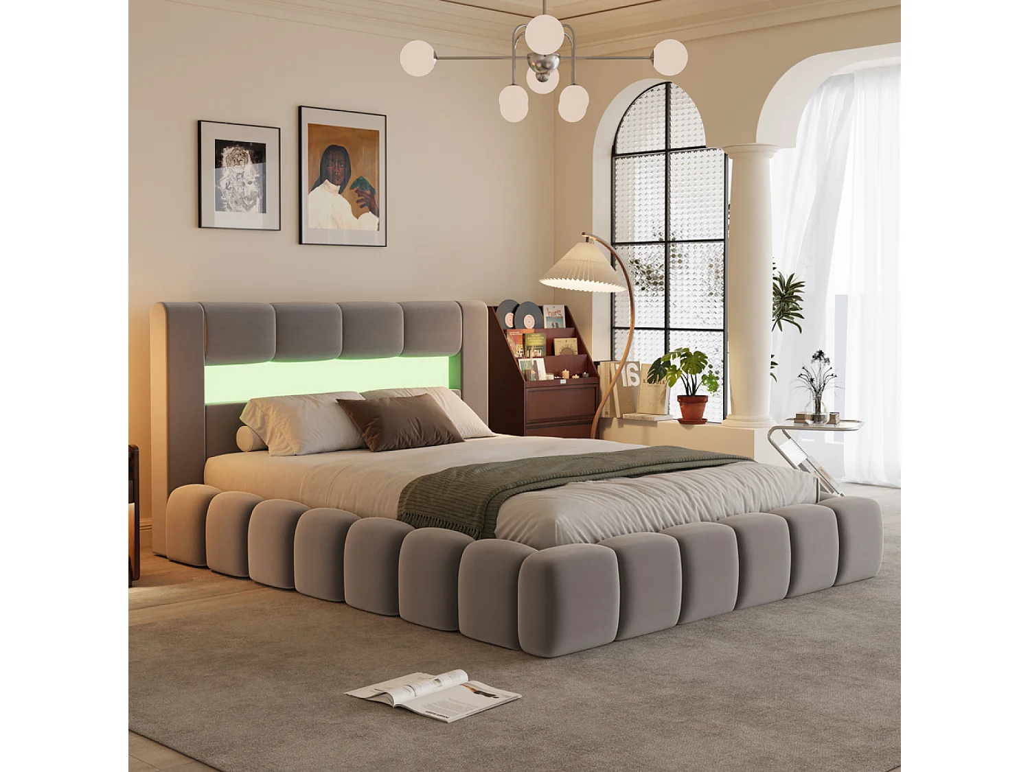 Lit coffre led style nuage 180x200cm en velours gris avec tête de lit et sommier OMAHA