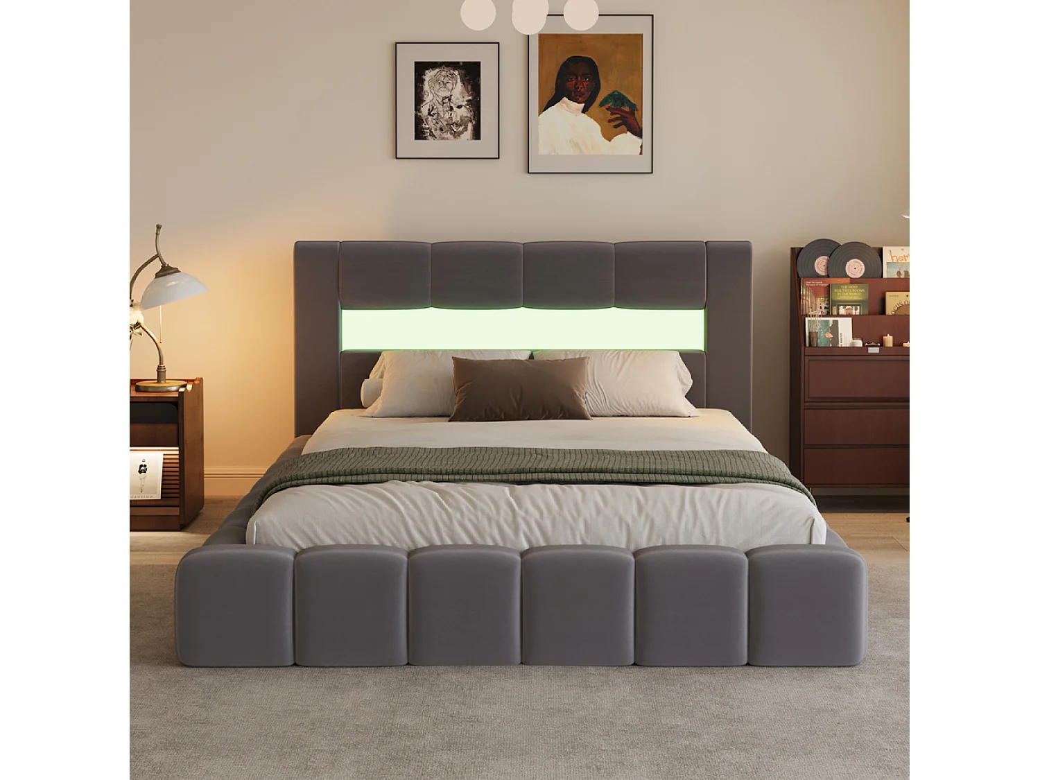 Lit coffre led style nuage 180x200cm en velours gris avec tête de lit et sommier OMAHA