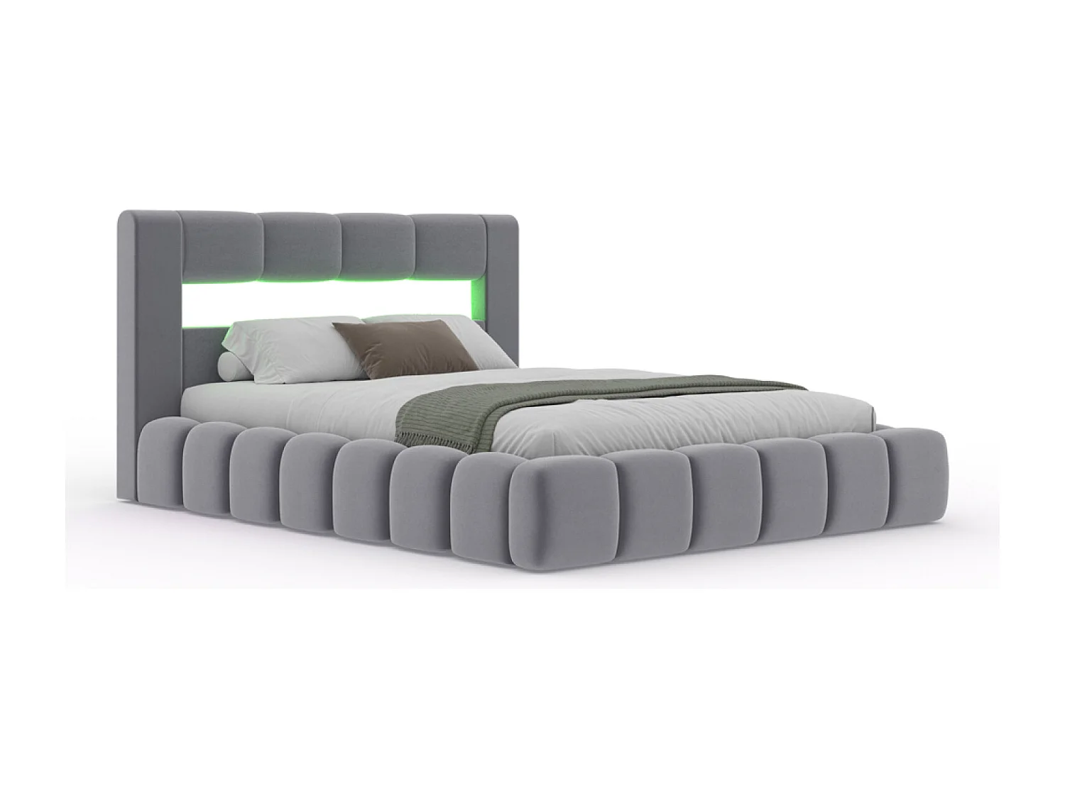 Lit coffre led style nuage 180x200cm en velours gris avec tête de lit et sommier OMAHA