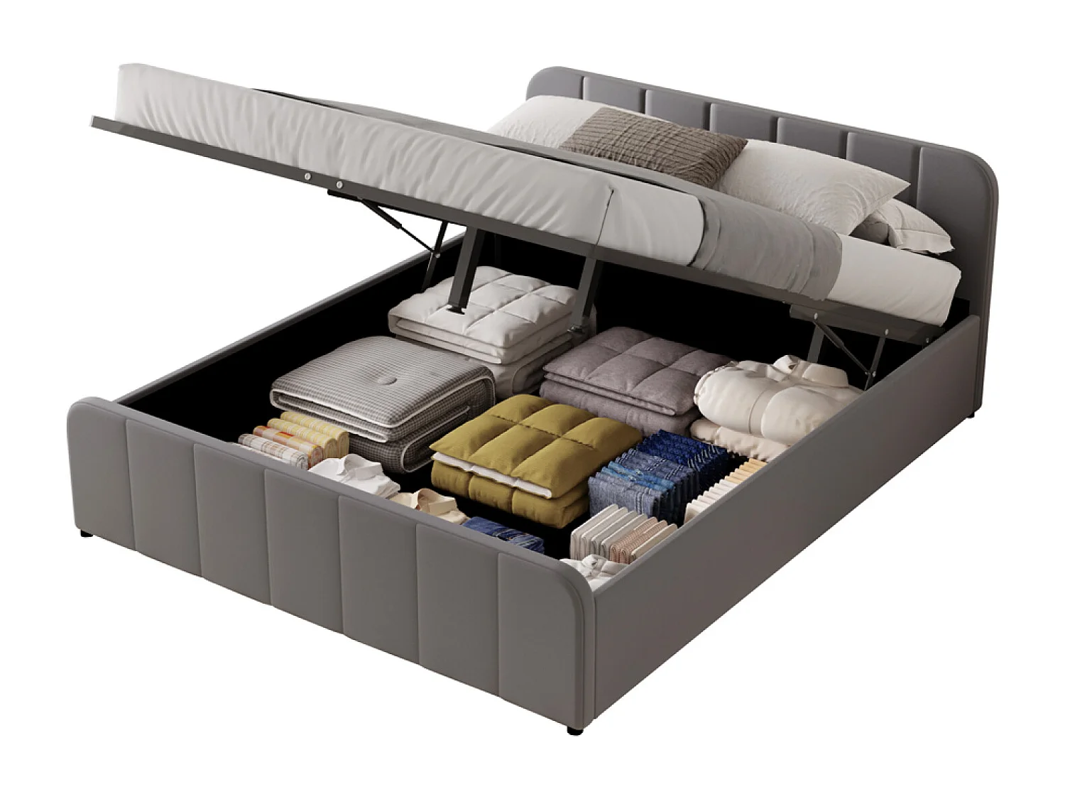 Lit avec coffre de rangement 140x190cm en velours gris TAMPA