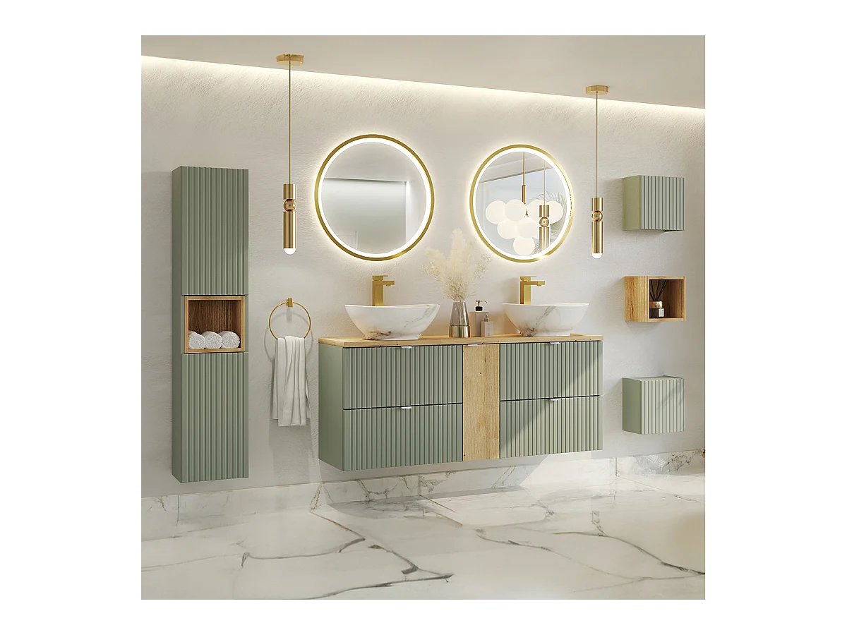 Ensemble meuble double vasque 140cm 4 tiroirs miroirs LED colonne et 3 armoires murales Jade Vert et Bois