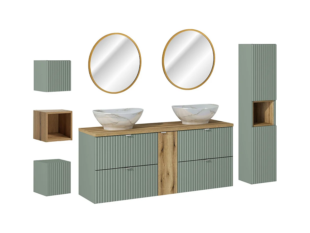 Ensemble meuble double vasque 140cm 4 tiroirs miroirs LED colonne et 3 armoires murales Jade Vert et Bois