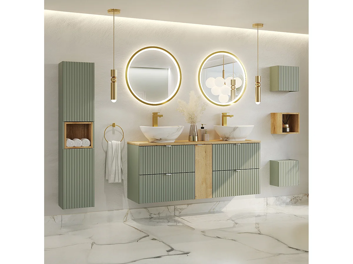 Ensemble meuble double vasque 140cm 4 tiroirs miroirs LED colonne et 3 armoires murales Jade Vert et Bois