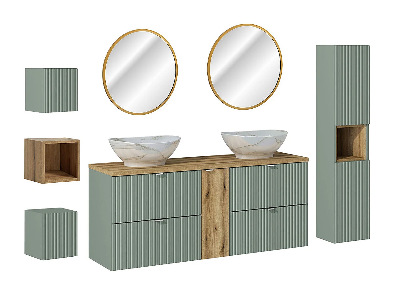Ensemble meuble double vasque 140cm 4 tiroirs miroirs LED colonne et 3 armoires murales Jade Vert et Bois