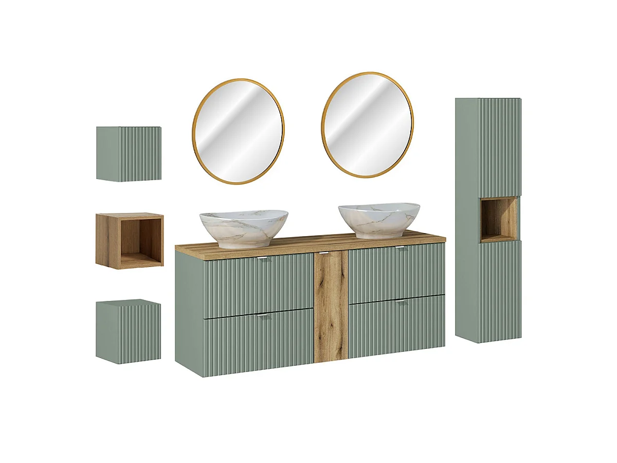 Ensemble meuble double vasque 140cm 4 tiroirs miroirs LED colonne et 3 armoires murales Jade Vert et Bois