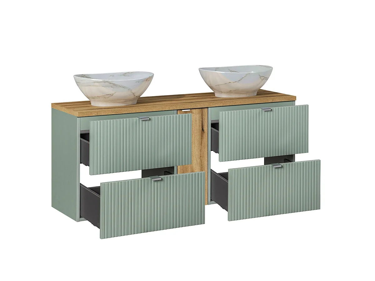 Ensemble meuble double vasque 140cm 4 tiroirs miroirs LED colonne et 3 armoires murales Jade Vert et Bois