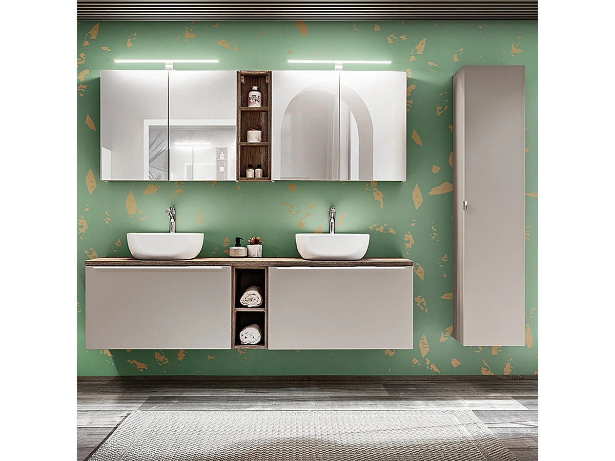 Dubbele wastafel 180cm 2 nissen kolom en wandkast Eros Taupe