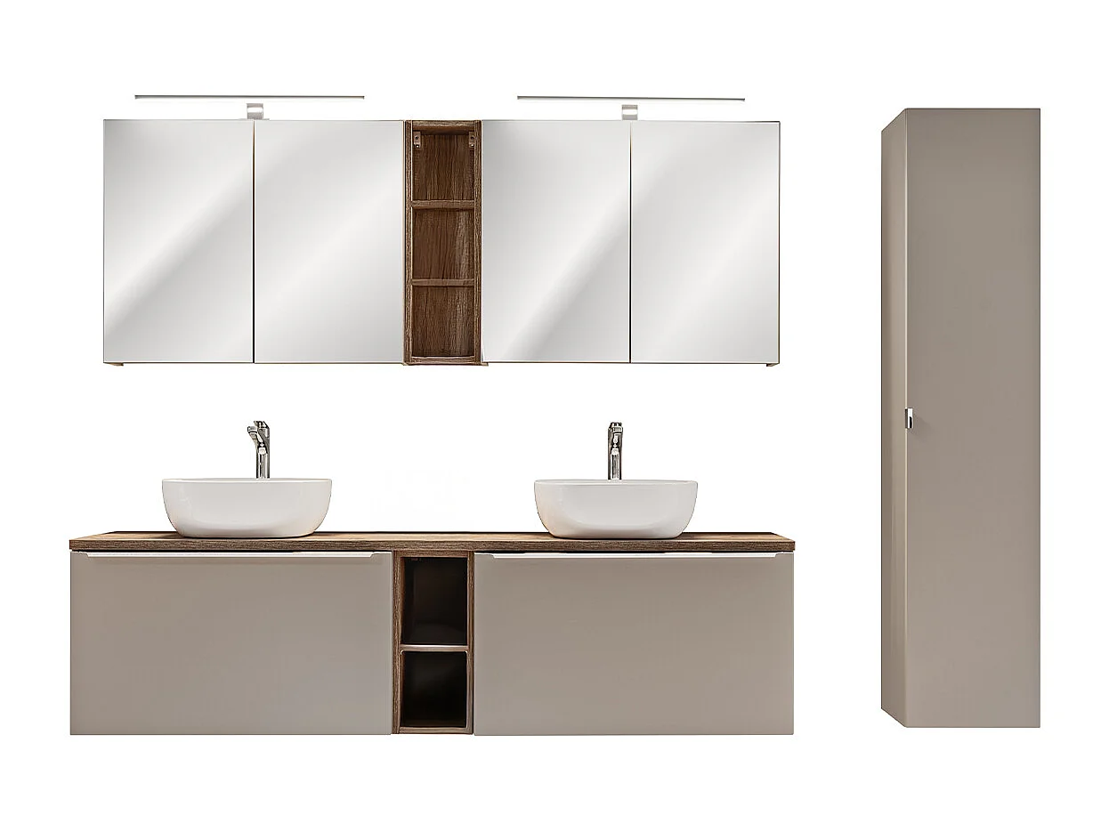 Dubbele wastafel 180cm 2 nissen kolom en wandkast Eros Taupe
