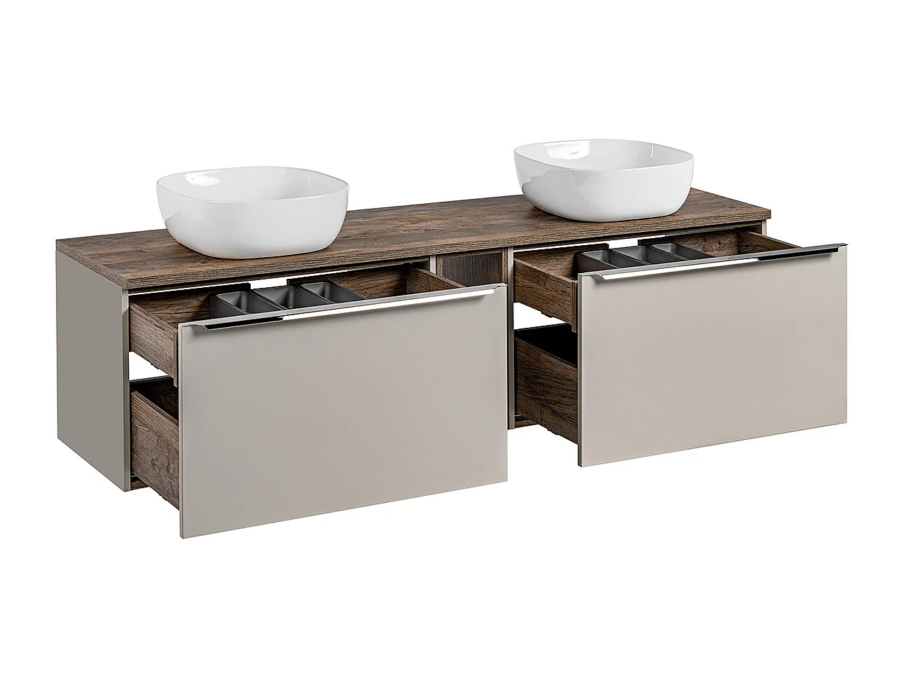 Dubbele wastafel 180cm 2 nissen kolom en wandkast Eros Taupe