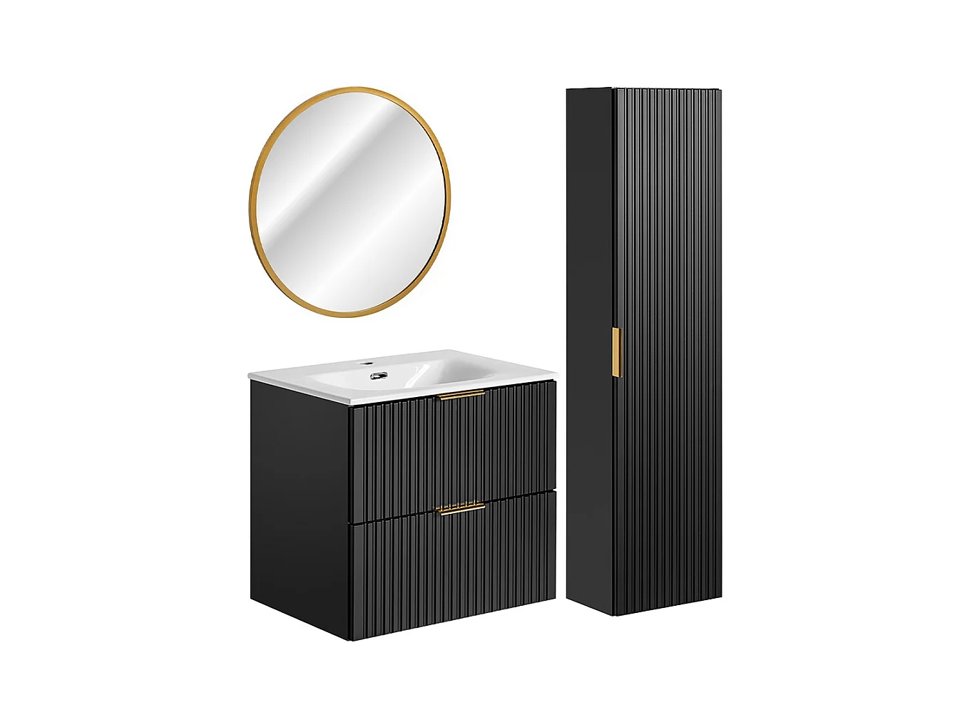 Ensemble meuble simple vasque encastrée 60cm miroir LED et colonne Adriel Noir