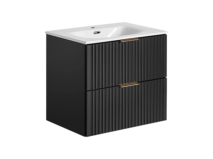 Ensemble meuble simple vasque encastrée 60cm miroir LED et colonne Adriel Noir