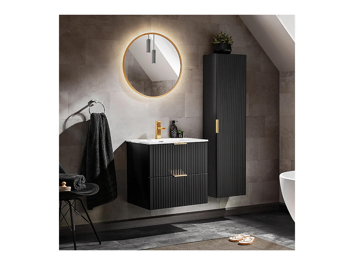 Conjunto de lavatório individual de 60 cm com espelho LED e pedestal Adriel Preto