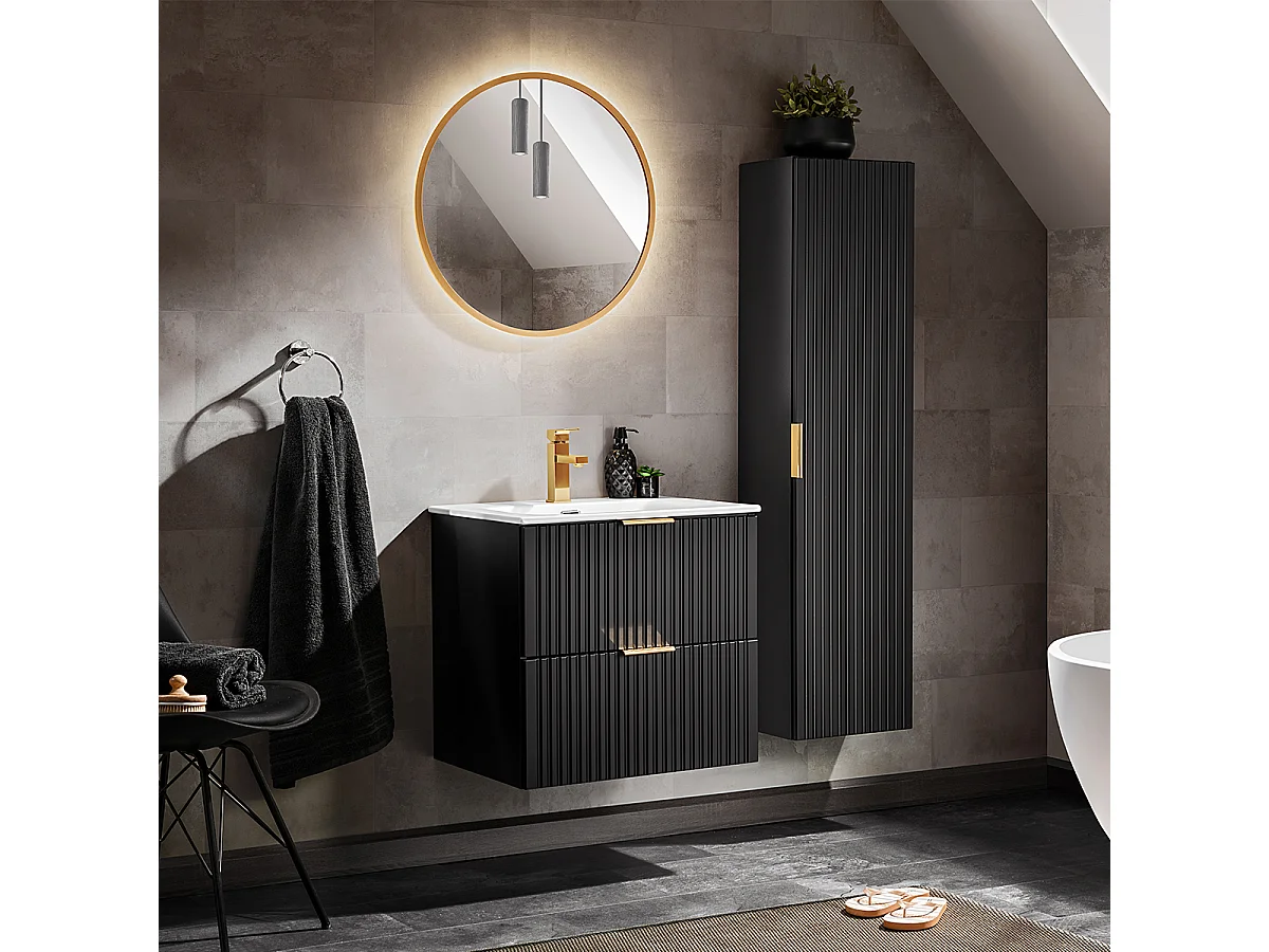 Ensemble meuble simple vasque encastrée 60cm miroir LED et colonne Adriel Noir