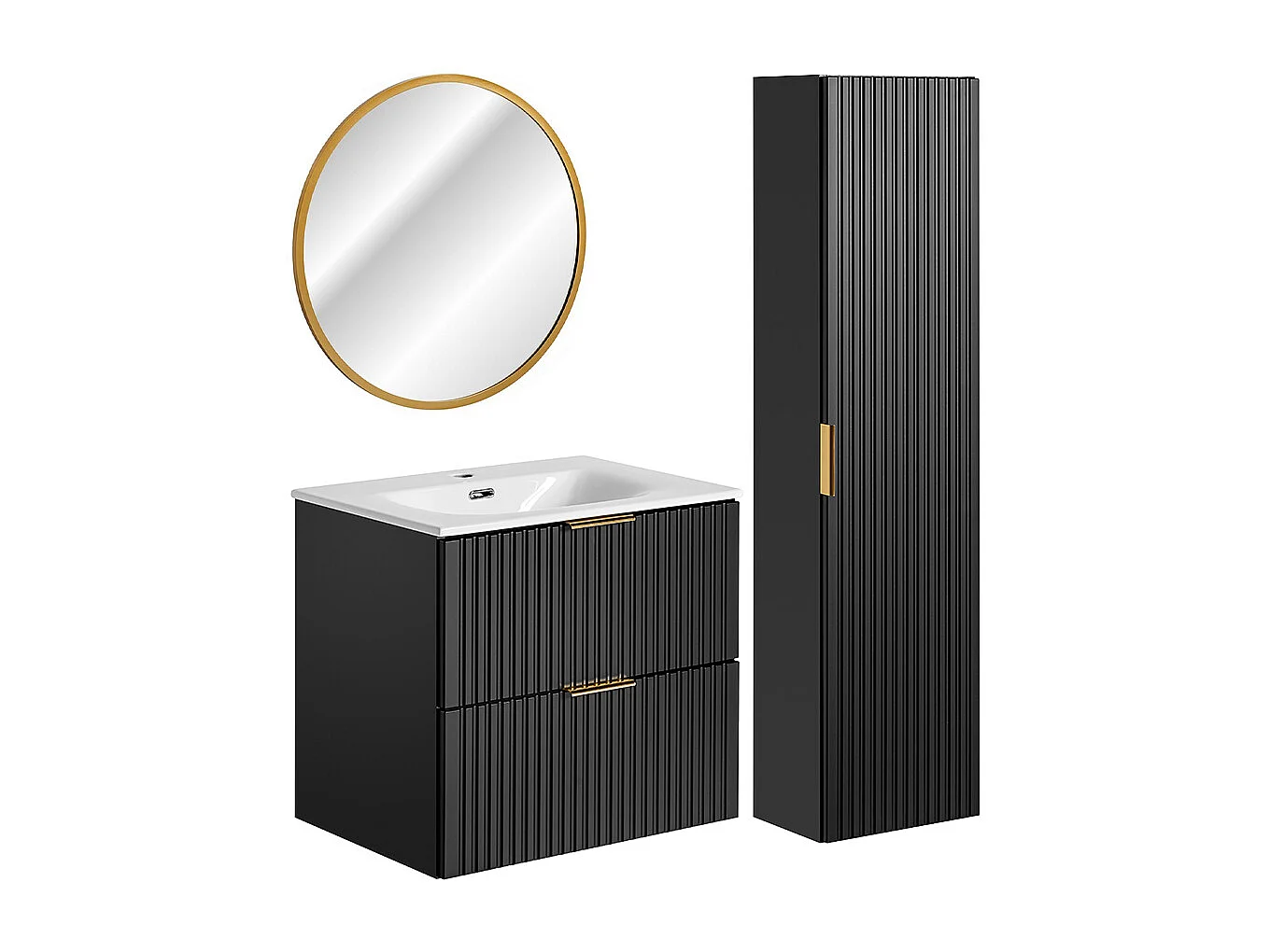 Ensemble meuble simple vasque encastrée 60cm miroir LED et colonne Adriel Noir