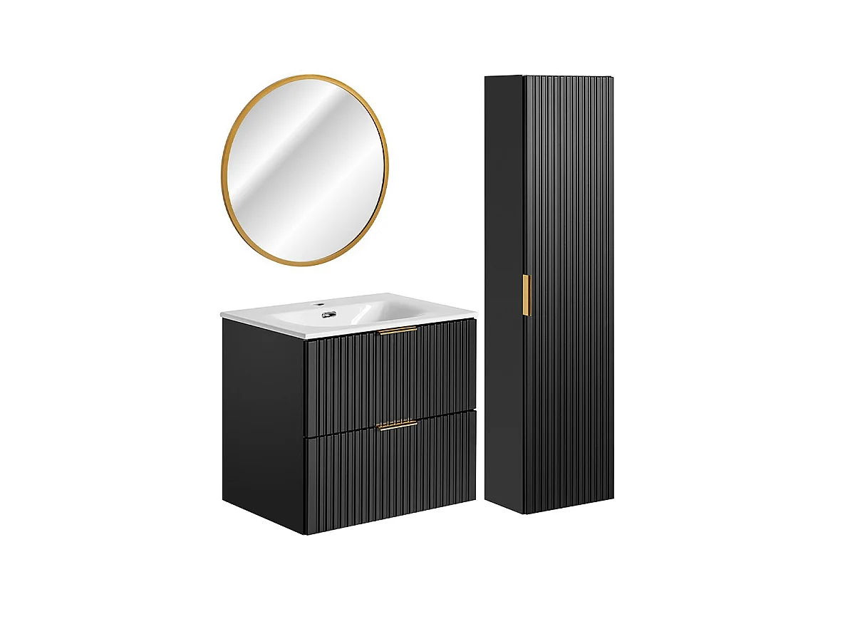 Set med 60 cm enkel tvättställsskåp med LED-spegel och Adriel-piedestal Svart
