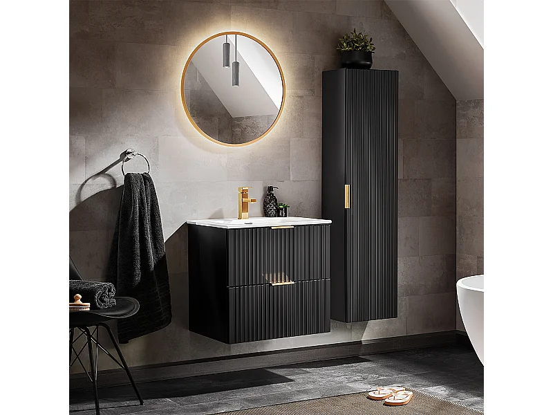 Ensemble meuble simple vasque encastrée 60cm miroir LED et colonne Adriel Noir