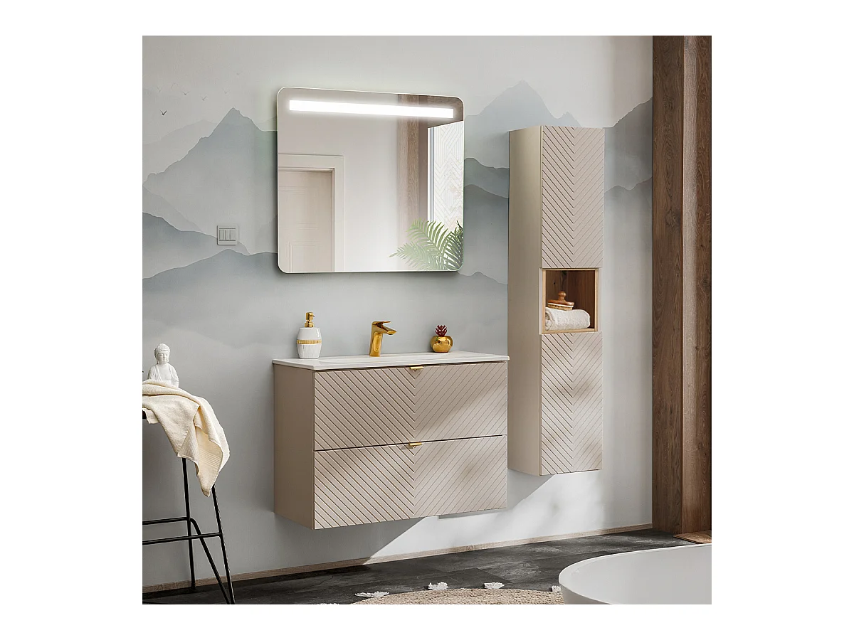 Ensemble meuble simple vasque encastrée 80cm miroir LED et colonne Manoa Cachemire et Bois