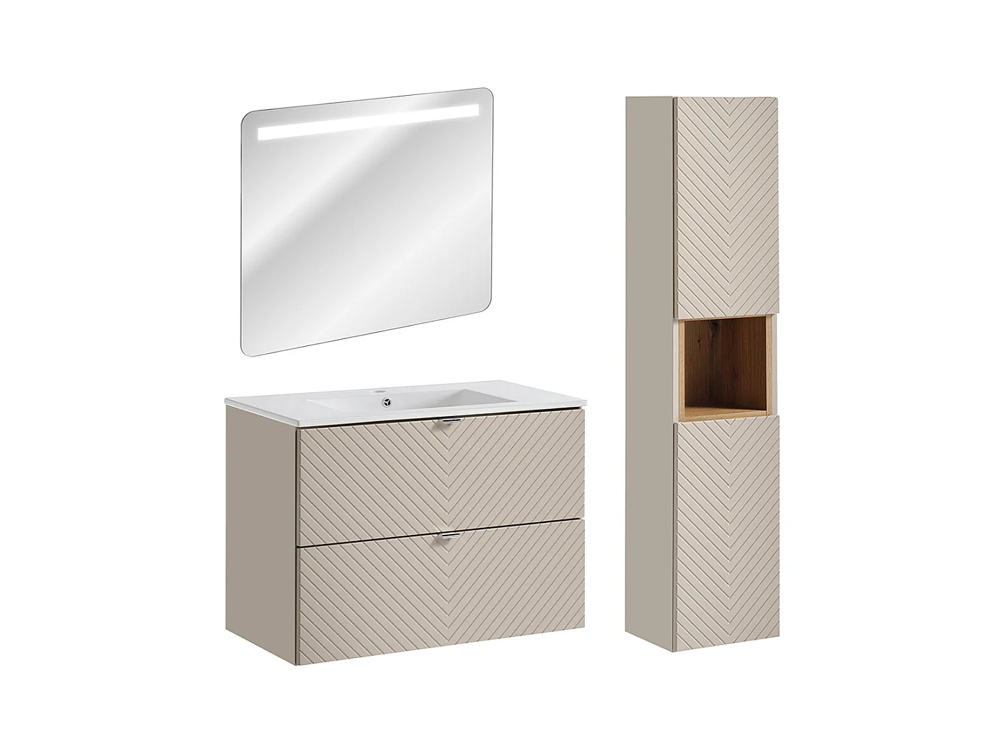 Ensemble meuble simple vasque encastrée 80cm miroir LED et colonne Manoa Cachemire et Bois