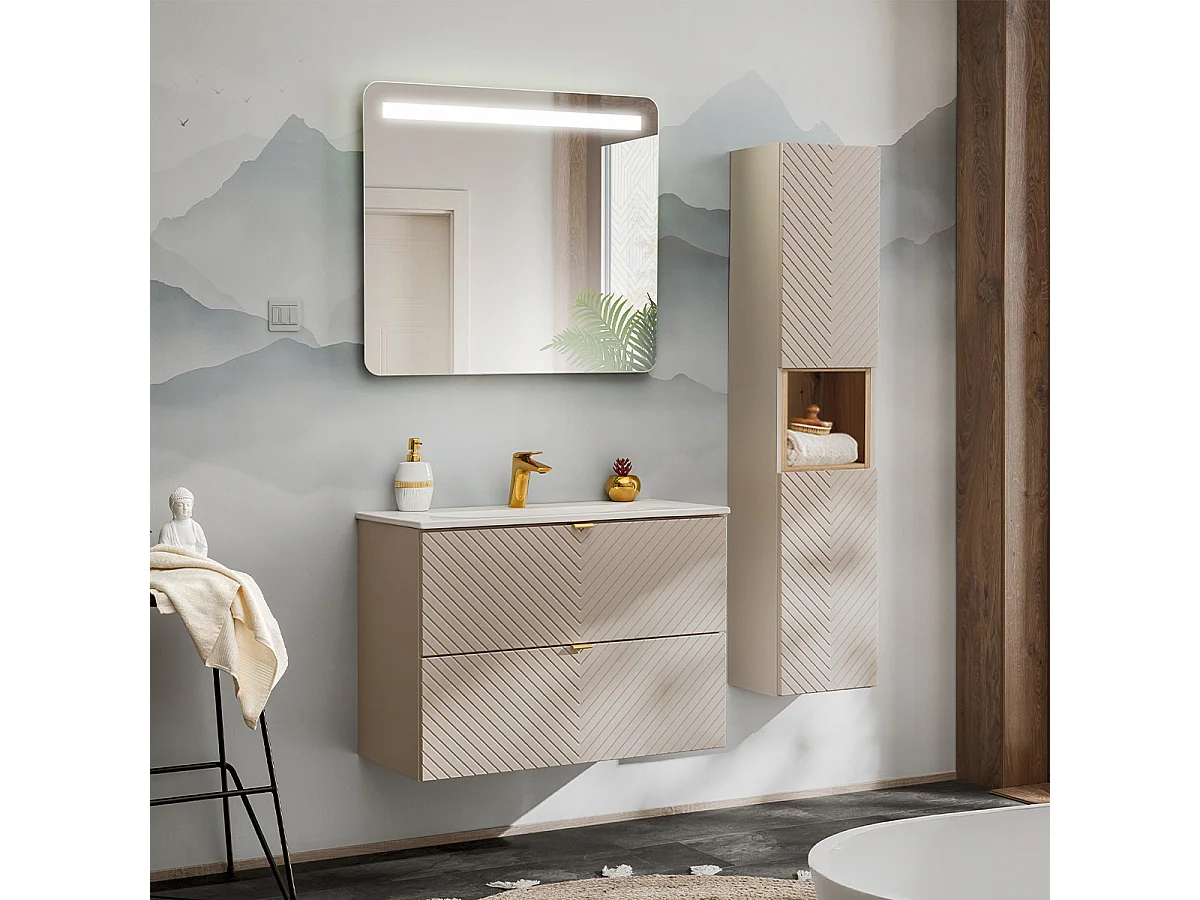 Set lavabo singolo da 80 cm con specchio LED e colonna Manoa Cashmere e legno