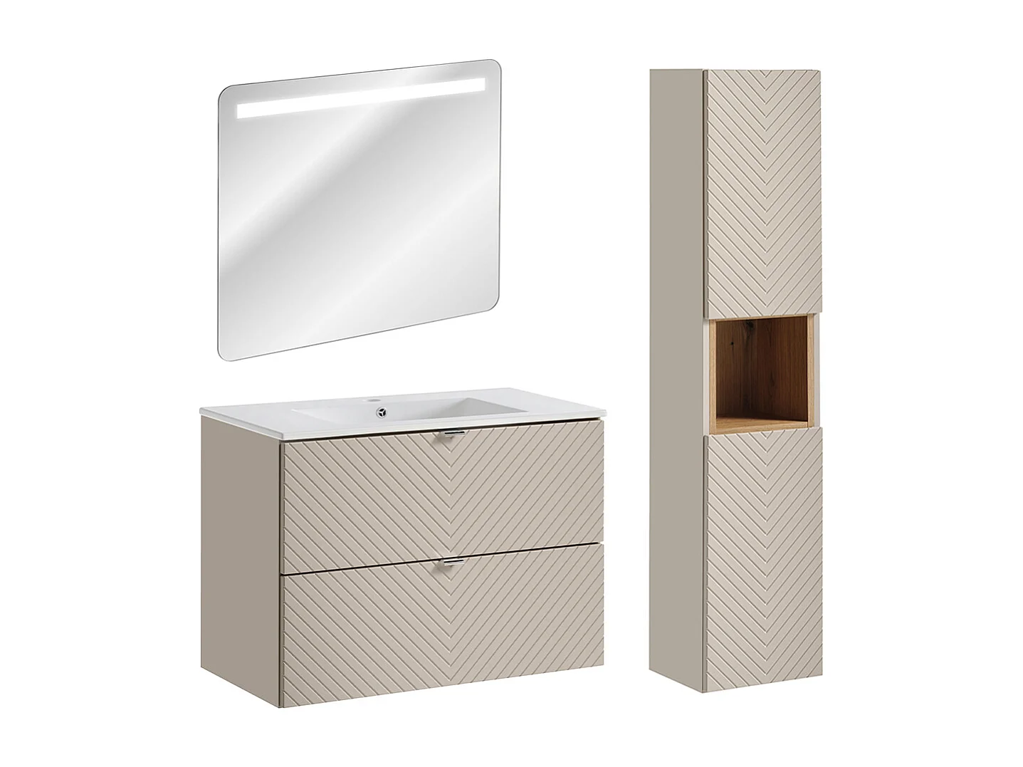 Set lavabo singolo da 80 cm con specchio LED e colonna Manoa Cashmere e legno
