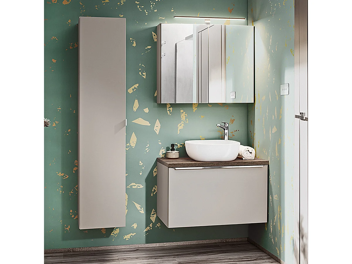 Ensemble meuble simple vasque 80cm colonne et armoire murale Éros Taupe