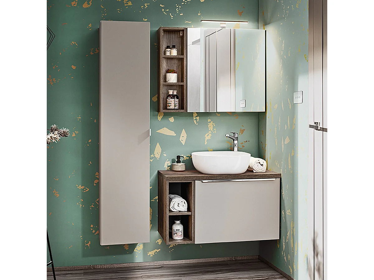 Ensemble meuble simple vasque 80cm 2 niches et colonne Éros Taupe