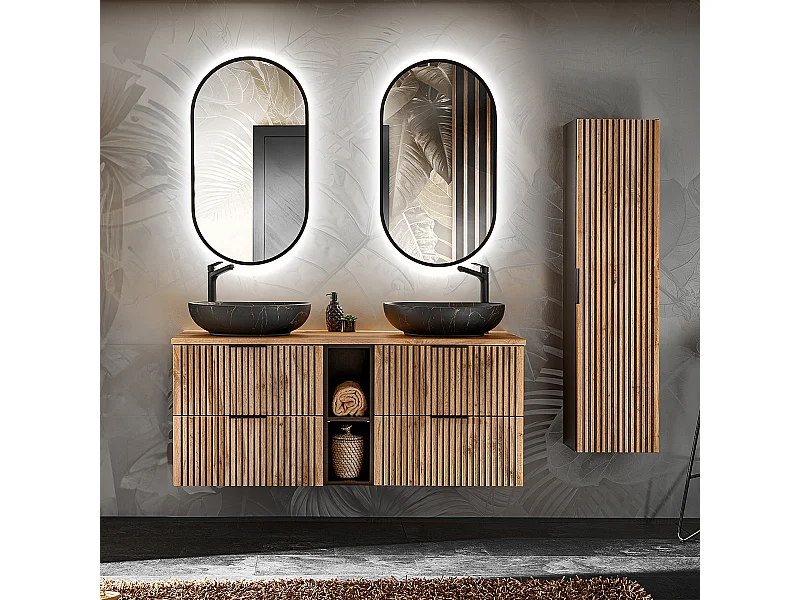 Dubbele wastafel 140cm 2 nissen met LED spiegels en Gaia hout en zwarte kolom - Zwarte wastafel