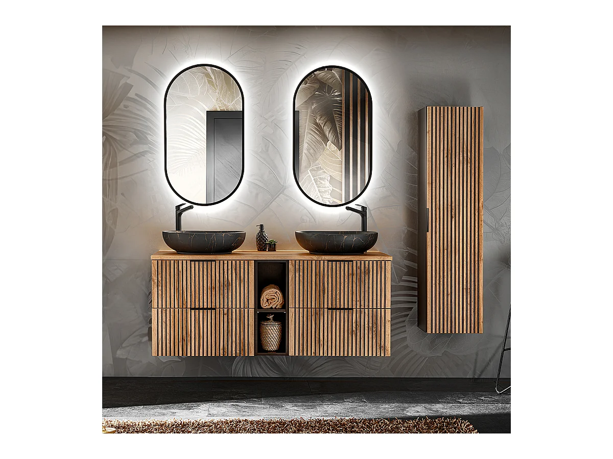 Dubbele wastafel 140cm 2 nissen met LED spiegels en Gaia hout en zwarte kolom - Zwarte wastafel