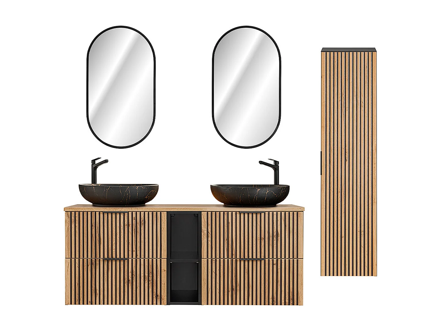 Ensemble meuble double vasque 140cm 2 niches miroirs LED et colonne Gaia Bois et Noir - Vasque Noir