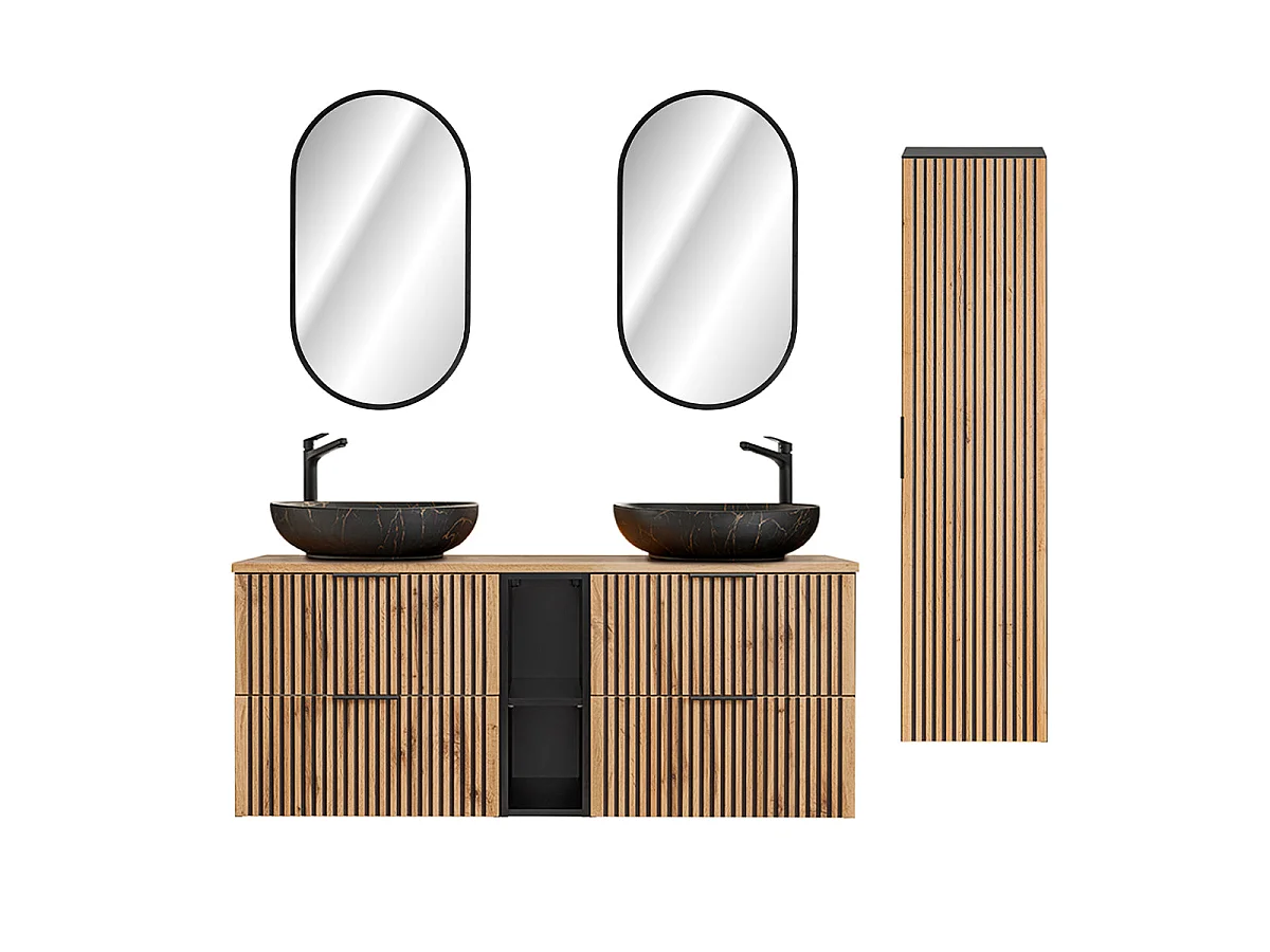 Ensemble meuble double vasque 140cm 2 niches miroirs LED et colonne Gaia Bois et Noir - Vasque Noir