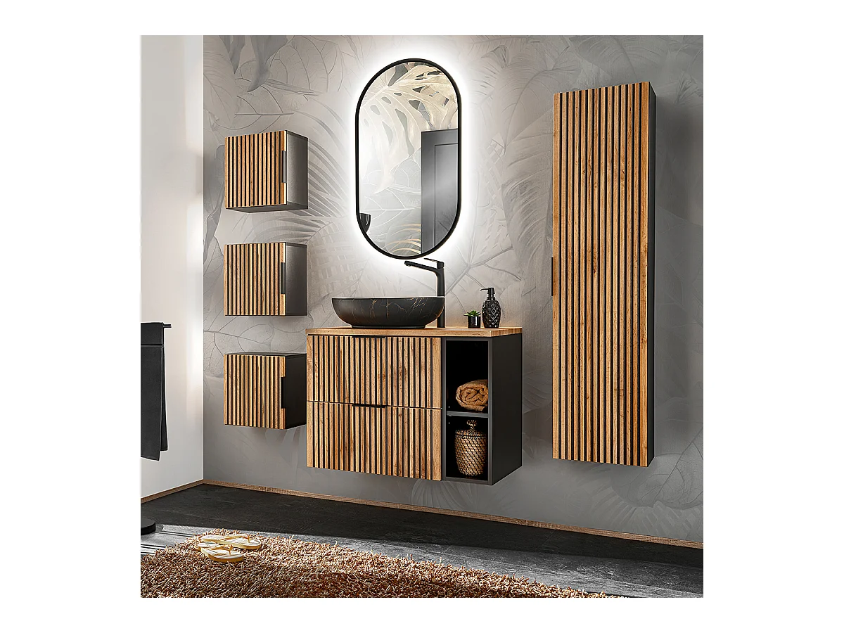 Ensemble meuble simple vasque 80cm 2 niches miroir LED colonne et 3 armoires murales Gaia Bois et Noir - Vasque Noir
