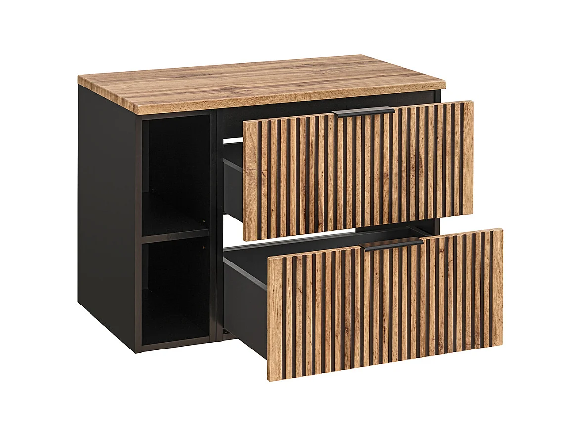 Ensemble meuble simple vasque 80cm 2 niches miroir LED colonne et 3 armoires murales Gaia Bois et Noir - Vasque Noir