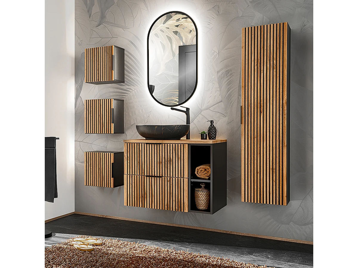 Mobile lavabo singolo 80cm 2 nicchie colonna specchio LED e 3 pensili Gaia Wood e Black - Lavabo nero