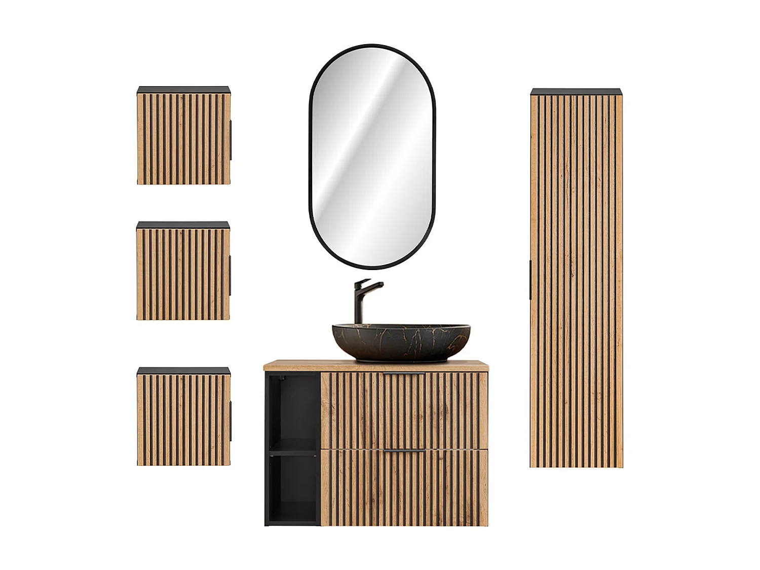 Ensemble meuble simple vasque 80cm 2 niches miroir LED colonne et 3 armoires murales Gaia Bois et Noir - Vasque Noir