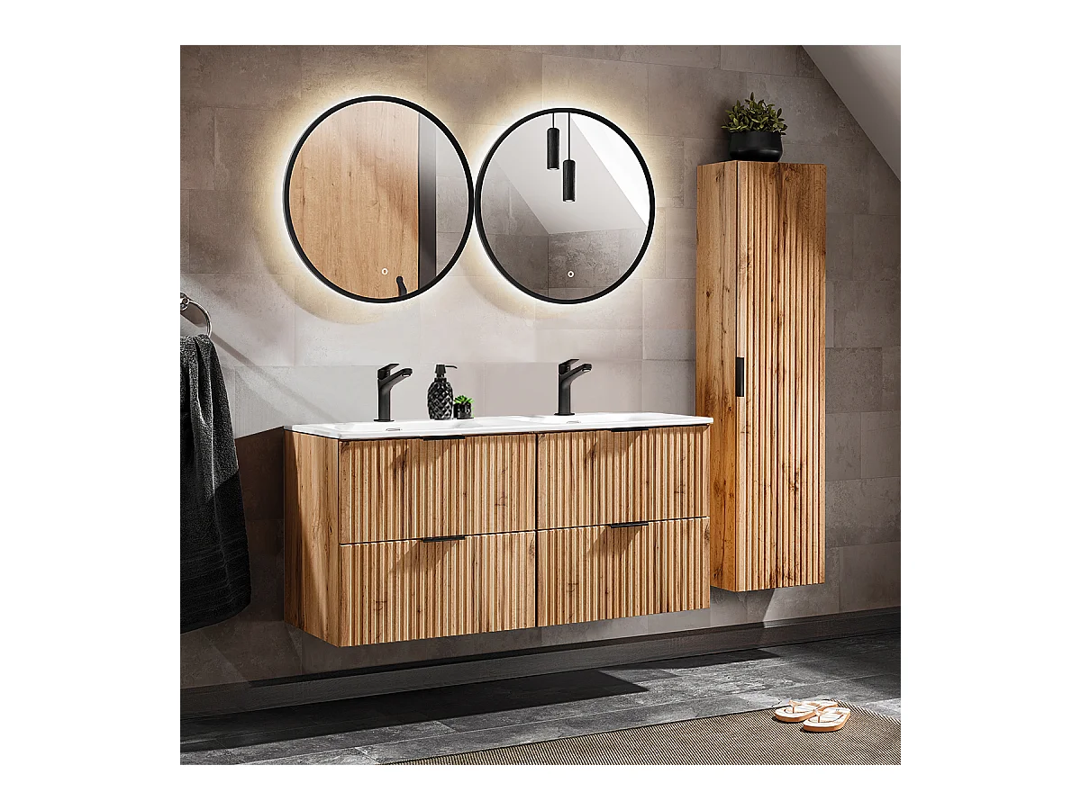 Ensemble meuble double vasque encastrée 120cm miroirs LED et colonne Adriel Bois