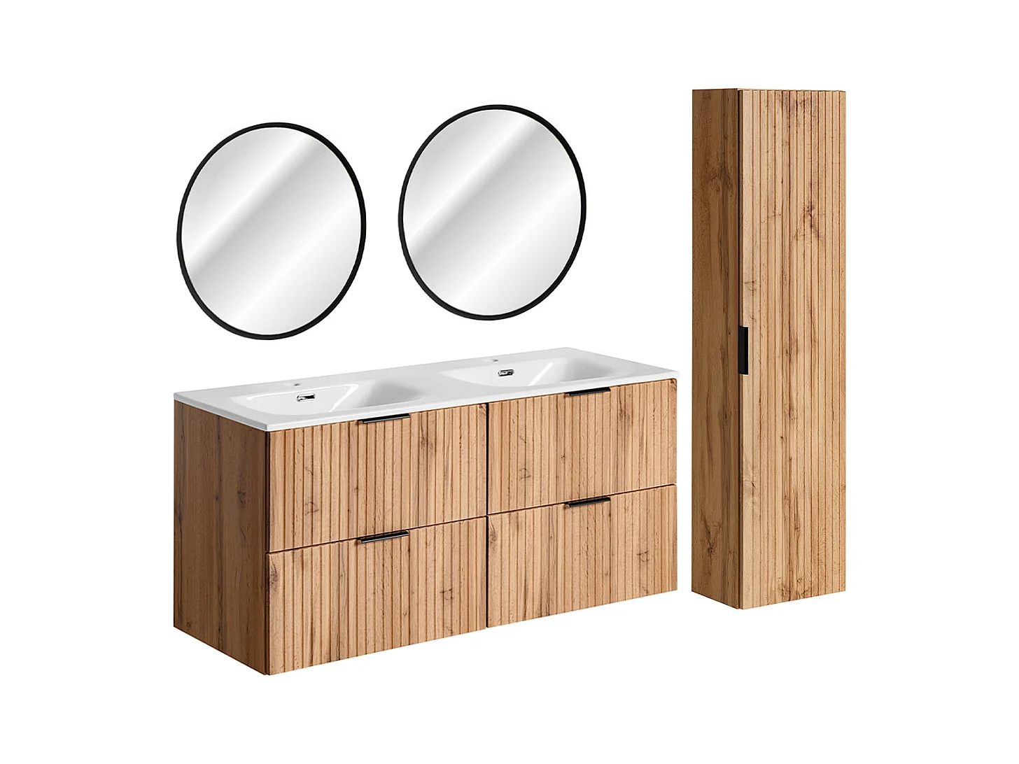 Ensemble meuble double vasque encastrée 120cm miroirs LED et colonne Adriel Bois