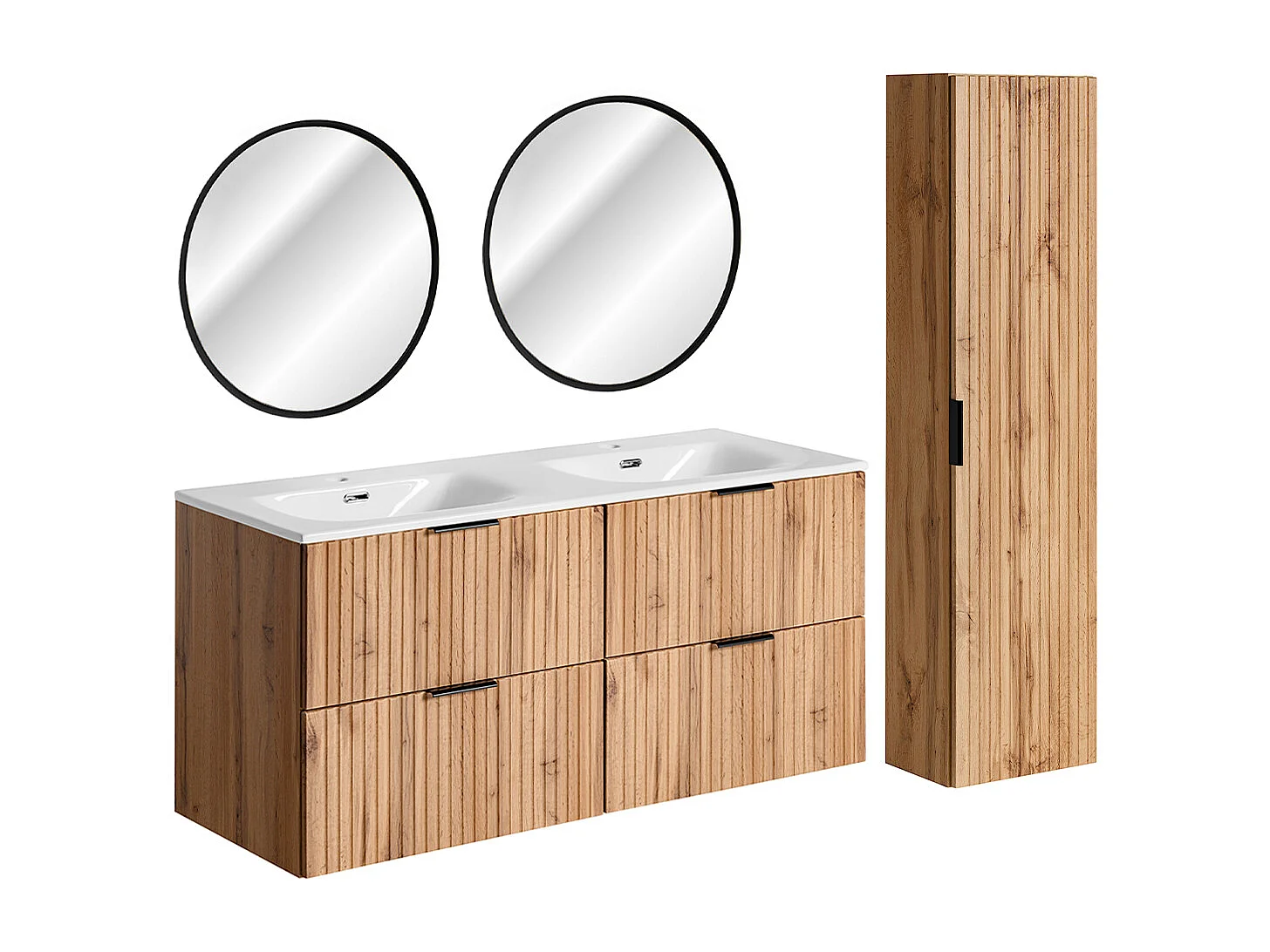 Ensemble meuble double vasque encastrée 120cm miroirs LED et colonne Adriel Bois