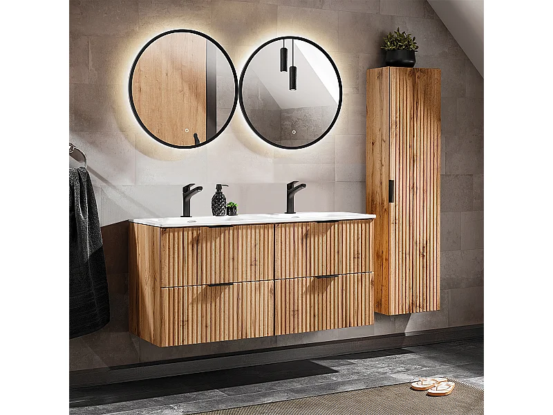 Conjunto de muebles con doble lavabo encastrado 120cm espejos LED y columna Adriel Madera