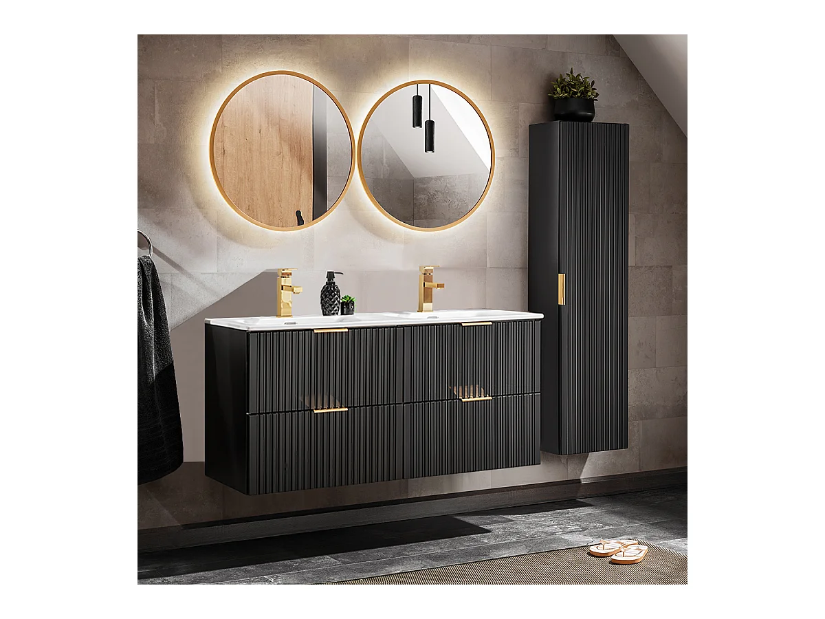 Ensemble meuble double vasque encastrée 120cm miroirs LED et colonne Adriel Noir