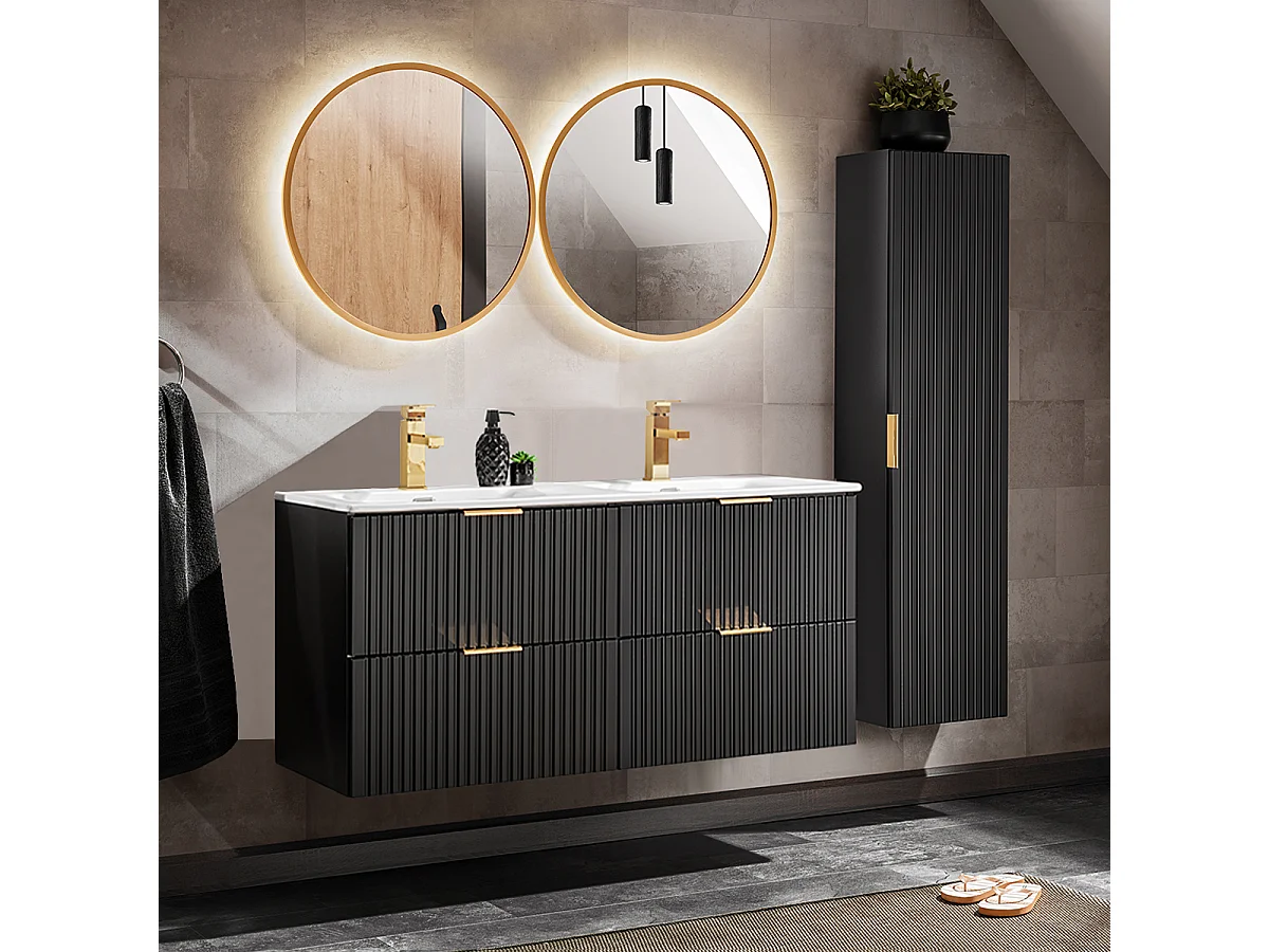 Ensemble meuble double vasque encastrée 120cm miroirs LED et colonne Adriel Noir