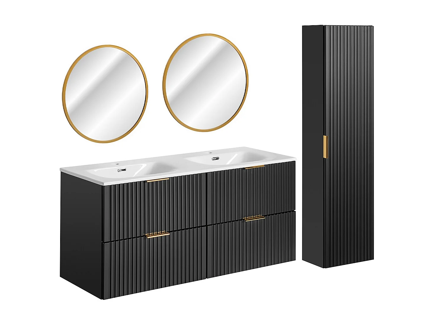 Ensemble meuble double vasque encastrée 120cm miroirs LED et colonne Adriel Noir