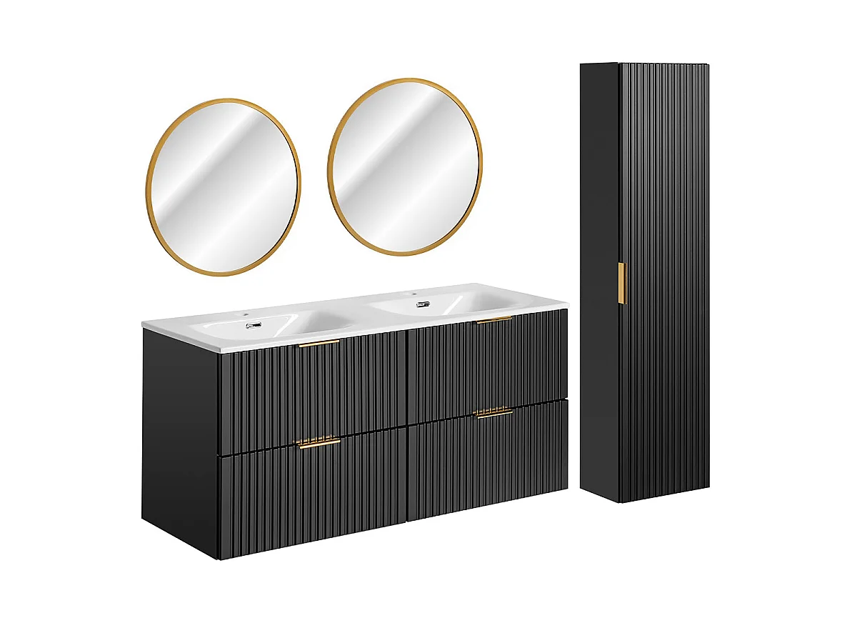 Conjunto de muebles con lavabo doble encastrado 120cm espejos LED y columna Adriel Negro