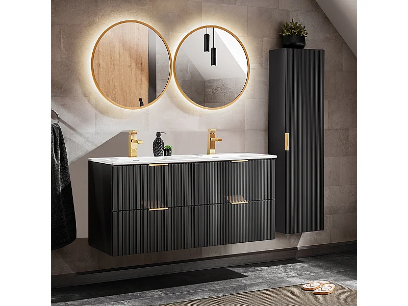 Ensemble meuble double vasque encastrée 120cm miroirs LED et colonne Adriel Noir