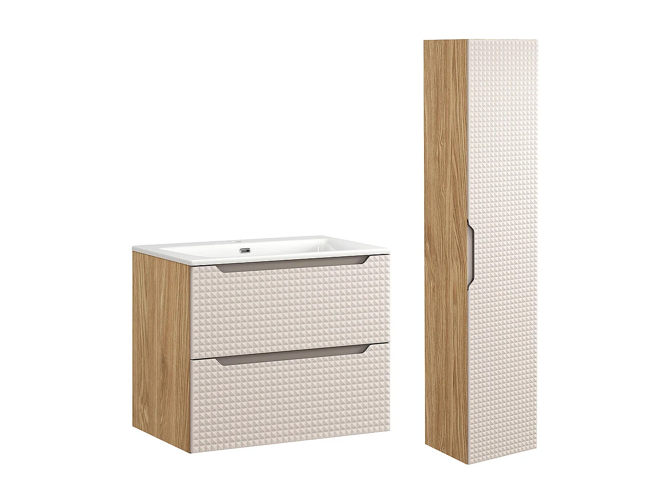 Ensemble meuble simple vasque encastrée 70cm et colonne Mallory Beige et bois