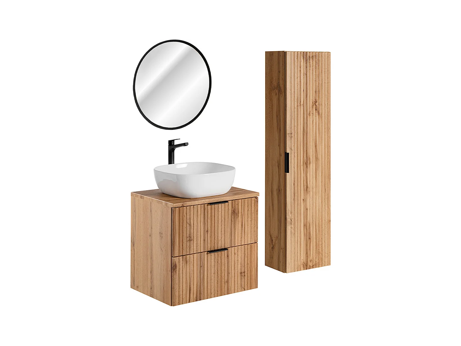 Ensemble meuble simple vasque 60cm miroir LED et colonne Adriel Bois