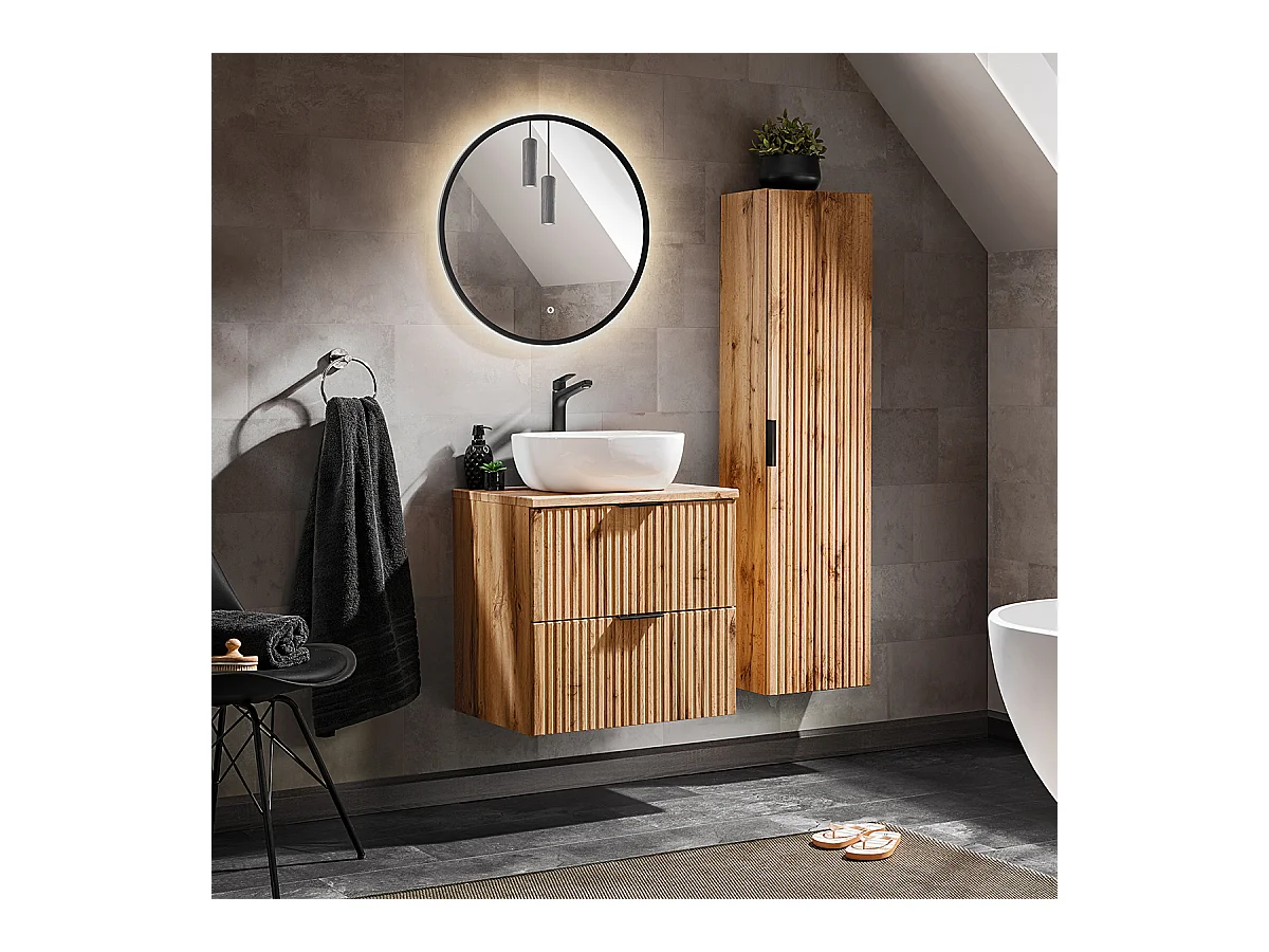 Mobile lavabo singolo da 60 cm con specchio LED e mobiletto in legno Adriel