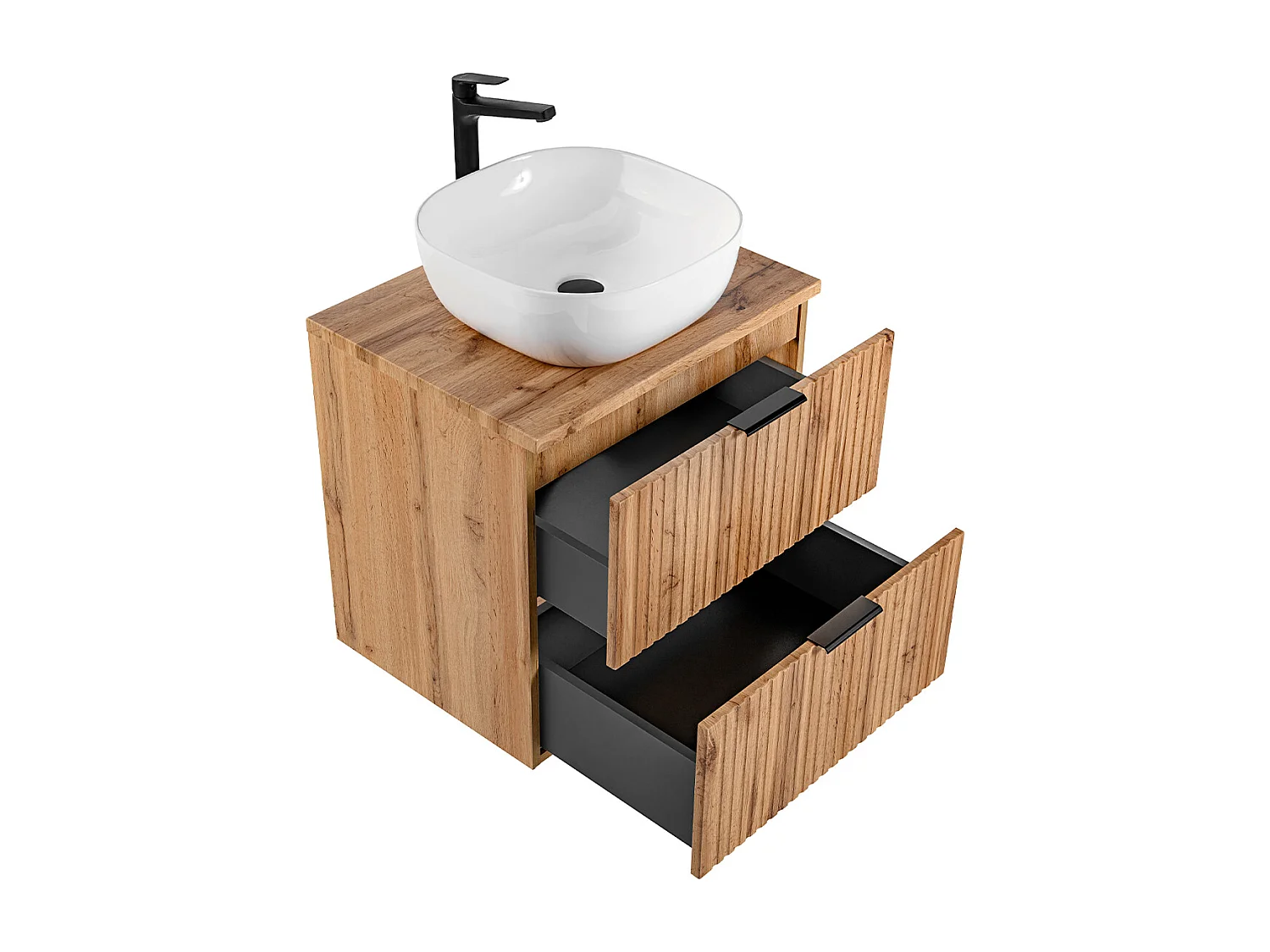 Lavatório individual de 60 cm com espelho LED e móvel de apoio em madeira Adriel