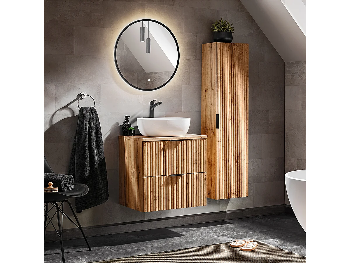 Ensemble meuble simple vasque 60cm miroir LED et colonne Adriel Bois